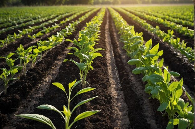 Foto trator agrícola moderno trabalhando nos campos ao nascer do sol