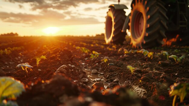 Foto trator arando o campo ao pôr-do-sol