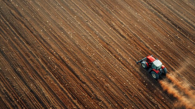 Trator cultivando o solo ao pôr-do-sol em um grande campo agrícola