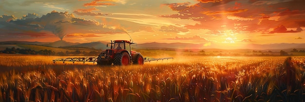 Foto trator cultivando um campo em um pôr-do-sol vibrante