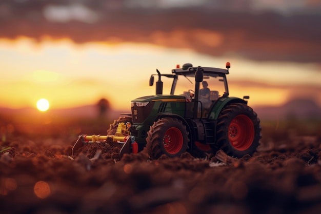 Foto trator de brinquedo cultivando o solo no campo ao anoitecer