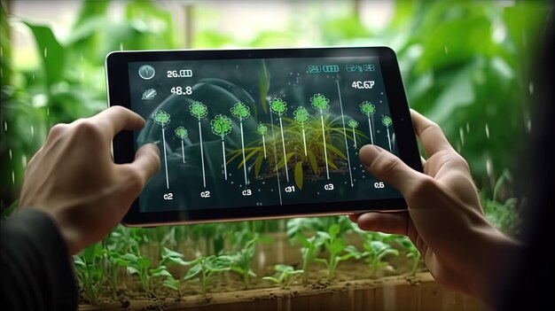 Foto trator de conceito de agricultura inteligente em um gerenciamento on-line de fazenda de smartphone