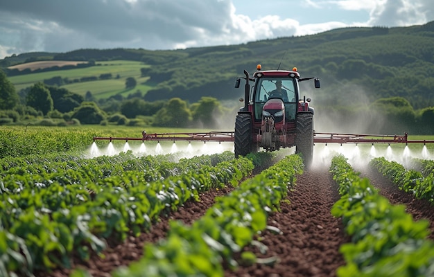 Trator de cultivo a pulverizar um campo