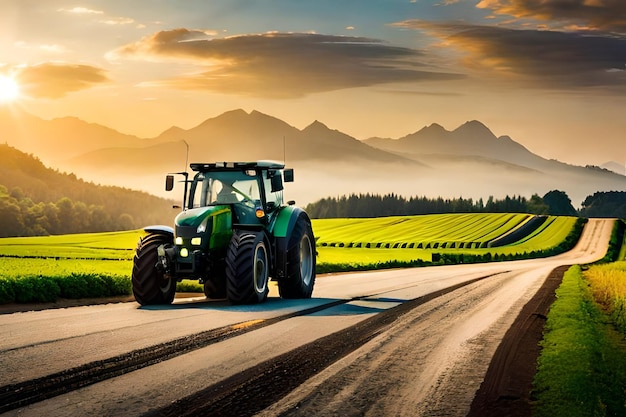 Trator em uma estrada com plantações em torno do conceito de agricultura e agronegócio
