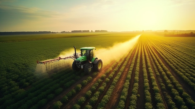 Trator pulveriza pesticidas no campo