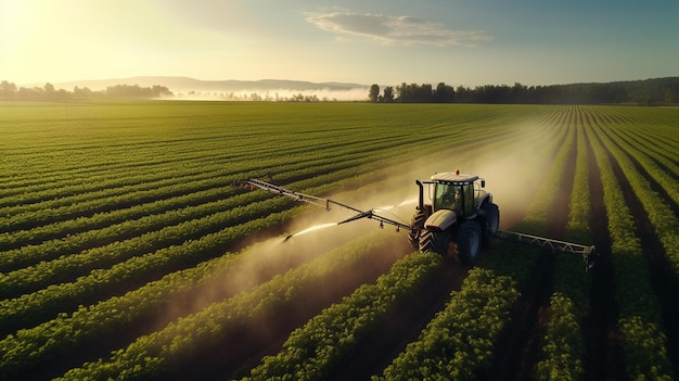 Trator pulveriza pesticidas no campo