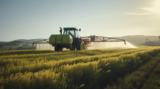 Foto trator pulverizando pesticidas em um conceito de foto de fundo de agricultura de campo verde