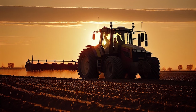 Trator pulverizando trigo na primavera no campo durante o pôr do sol Generative AI