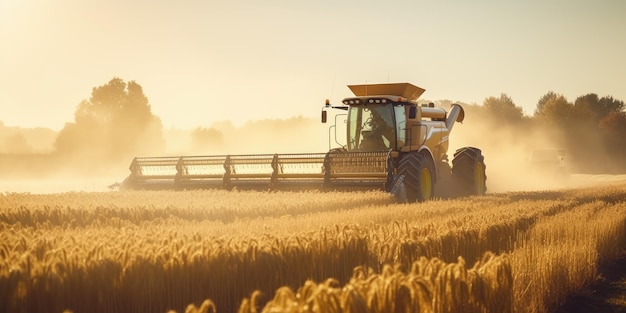 Foto trator rural grande e poderoso avançando pelas plantações de trigo para colheita de alta produtividade ia generativa