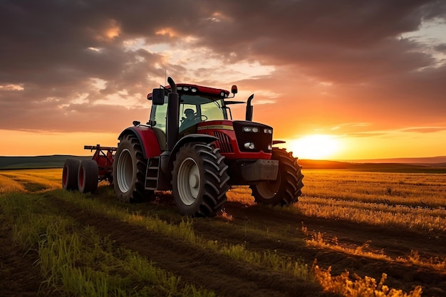 Foto trator rural sunset em um vasto campo ia generativa