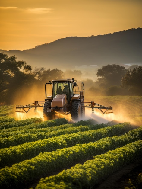 Trator Sunset pulverizando pesticidas em campo de soja