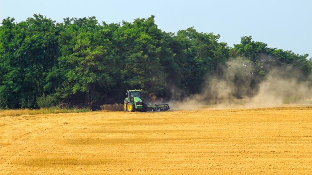 Trator verde com grade trabalhando no campo amarelo no outono