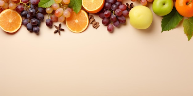 Trauben, Apfel, halbe orangefarbene Kiwi-Blätter auf beigefarbenem Hintergrund, Kopierraum oben