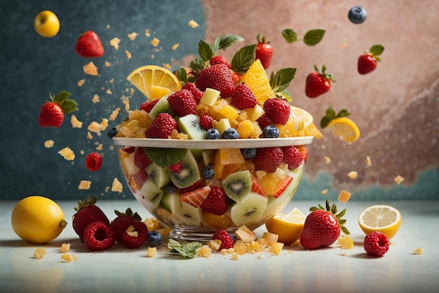 Trauben, Erdbeeren, Ananas, Kiwi, Aprikose, Banane und ganze Ananas