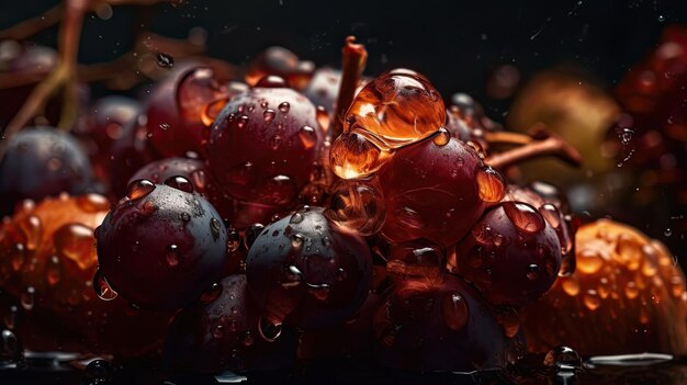 Traubenfrüchte, die von Wasserspritzungen mit schwarzem, verschwommenem Hintergrund getroffen werden