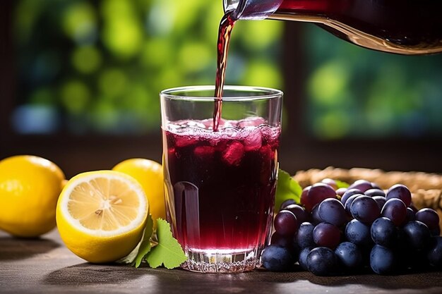 Foto traubensaft wird in ein glas gegossen, vor dem traubenschaum steht.