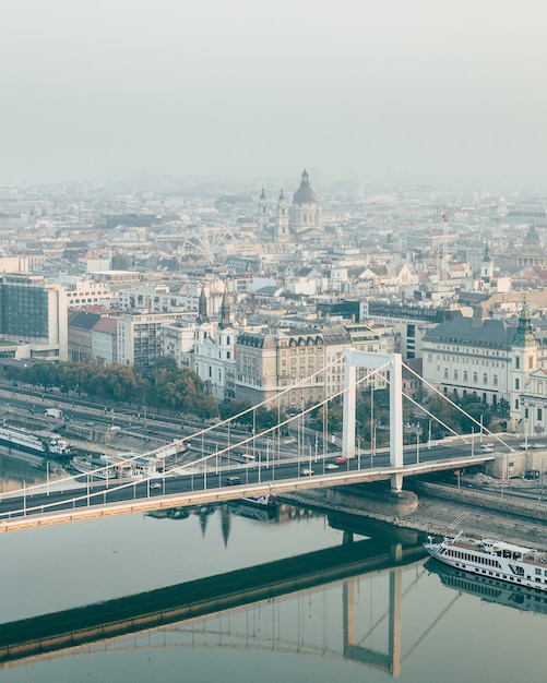 Trauerblick auf Budapester Stadt und Elisabethbrücke mit Spiegelbild in der Donau