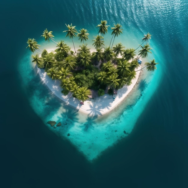 Traum tropische Insel in der Form eines Herzens in der Mitte des Ozeans Luftansicht Sommerferien Konzept ai generiert