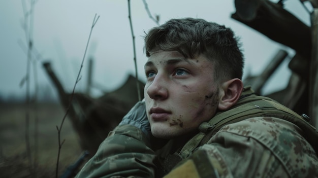 Trauma e Cura Fotografias cinematográficas explorando o pedágio psicológico da guerra na sociedade ucraniana, do TEPT aos esforços em minha direção. Ilustração gerada por IA