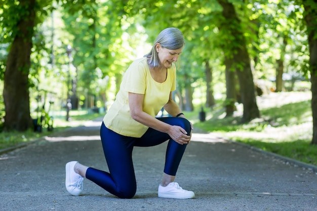 Trauma Senior hermosa mujer se lesionó la rodilla Sosteniendo sus manos en su pierna se sentó Él va a hacer deporte y corre en el parque