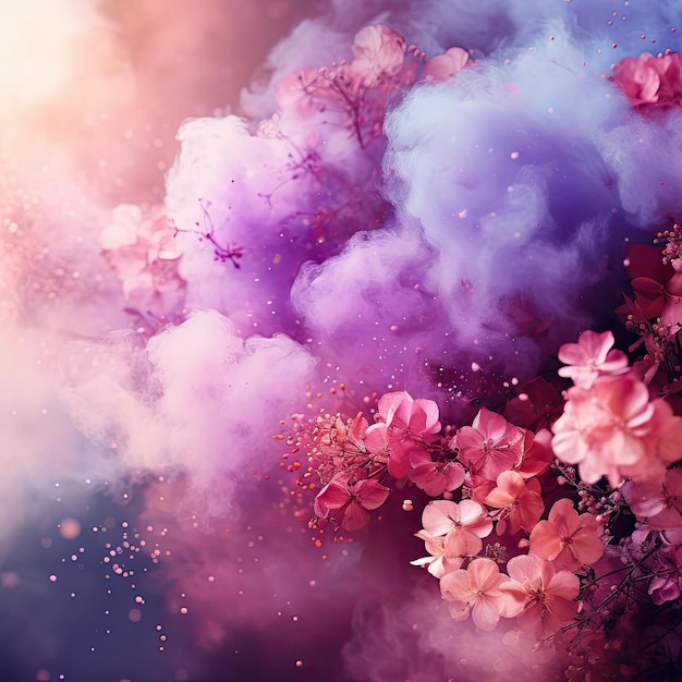 Traumhafte Atmosphäre mit lila und rosa Blumen inmitten des Rauches