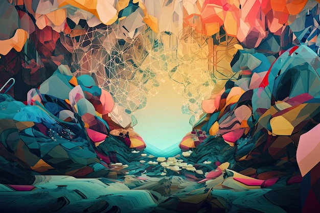 Traumhafte Szene mit schwebenden Formen und Farben wie ein Kaleidoskop