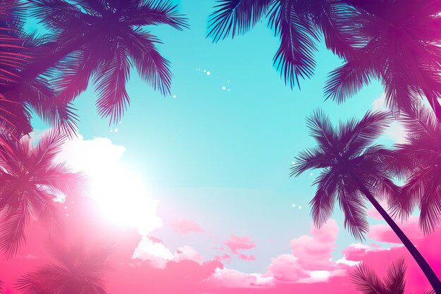 Traumhaftes tropisches Paradies mit silhouettierten Palmen vor einem lebendigen rosa und blauen Himmel, das eine ruhige Urlaubsatmosphäre hervorruft.