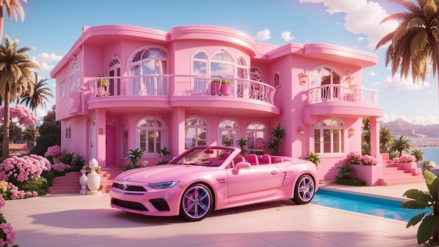 Traumhaus-Barbie mit einem rosa Auto