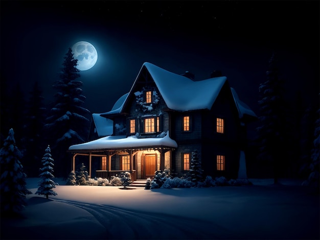 Traumhaus in der Nacht mit Mondlandschaft