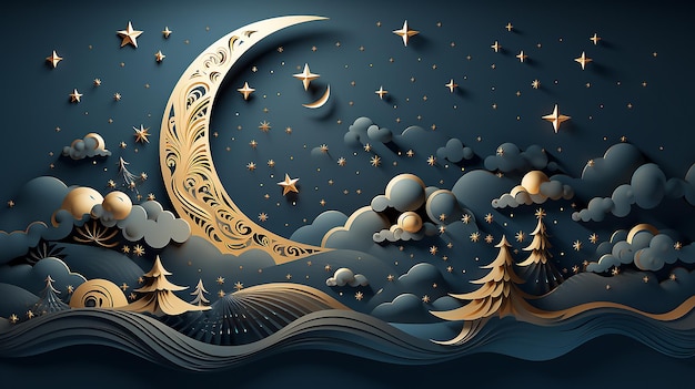 Traummond, goldene Sterne und weiße Wolken 3D-Stil auf blauem Hintergrund