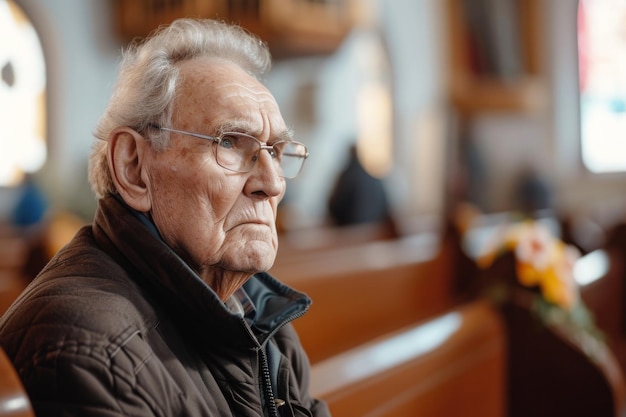 Traurige Beerdigung und älterer Mann weint in der Kirche für Gott heiliger Geist oder Religion in der christlichen Gemeinde Kathedrale