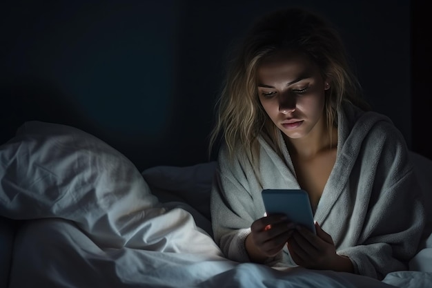 Foto traurige depressive frau mit telefon in der hand im schlafzimmer auf dem bett