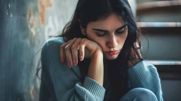 Foto traurige frau mit gefühl und stimmung von depressionen und depressiven störungen und psychischer gesundheit