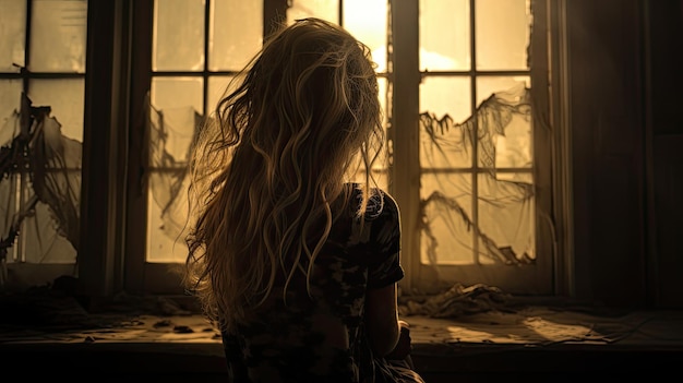 Traurige junge Frau sitzt auf dem Boden und schaut durch das Fenster