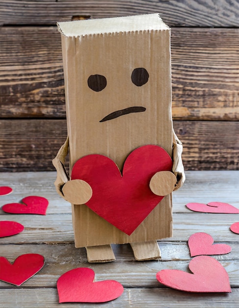 Traurige Kartonfigur mit einem Herz Konzept Trennung Herzschmerz