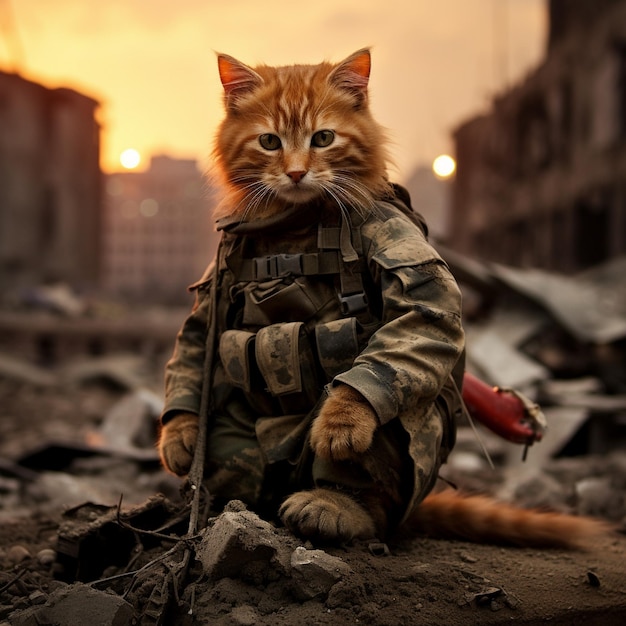 Traurige kranke Katze in der Kriegszone 3d