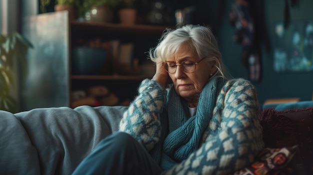 Traurige müde krank krank einsam enttäuscht kaukasische alte ältere ältere Frau Großmutter sitzt auf dem Sofa Couch