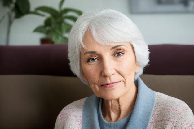 Traurige, müde, kranke, einsame, enttäuschte, kaukasische Seniorin, die auf der Couch sitzt