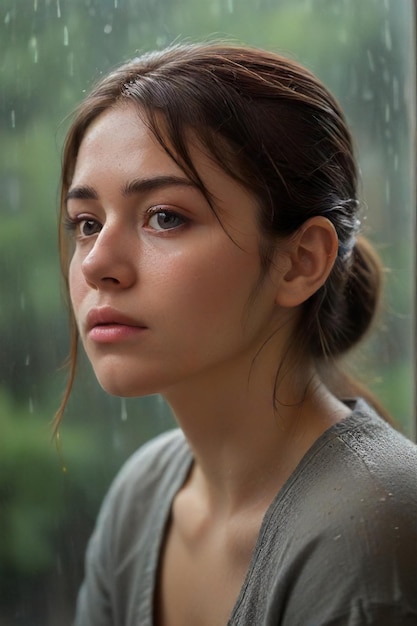 Traurige Regenszene Ausdrucksstarkes Porträt einer traurigen Frau am Fenster, generiert von KI