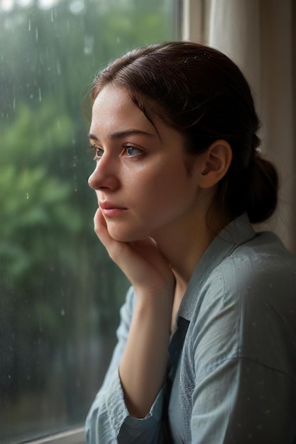 Traurige Regenszene Ausdrucksstarkes Porträt einer traurigen Frau am Fenster, generiert von KI