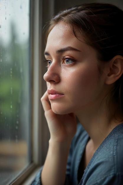 Traurige Regenszene Ausdrucksstarkes Porträt einer traurigen Frau am Fenster, generiert von KI