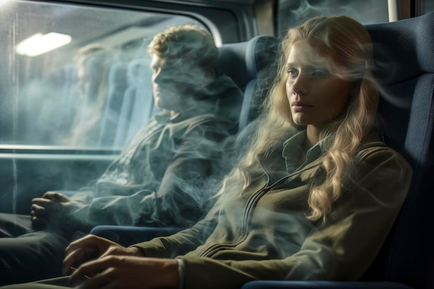 Traurige Reise Mann und Frau im Bus, umgeben von Nebel