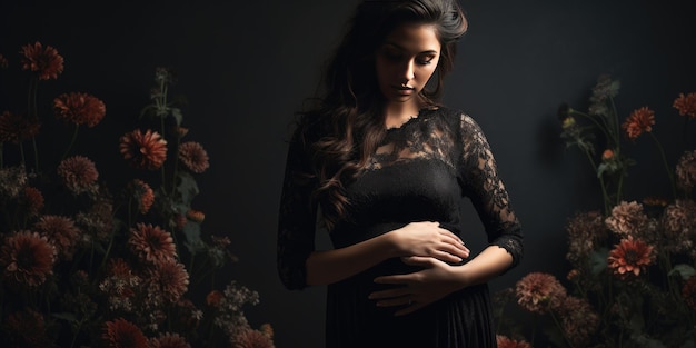 Traurige schwangere Frau auf schwarzem Hintergrund, schwarze Blumen, hochwertiges Foto, generative KI