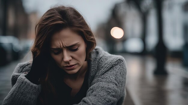 Traurige, verzweifelte, weinende Frau mit gefalteten Händen und Tränen in den Augen während Schwierigkeiten, Lebensschwierigkeiten, Depressionen und emotionalen Problemen