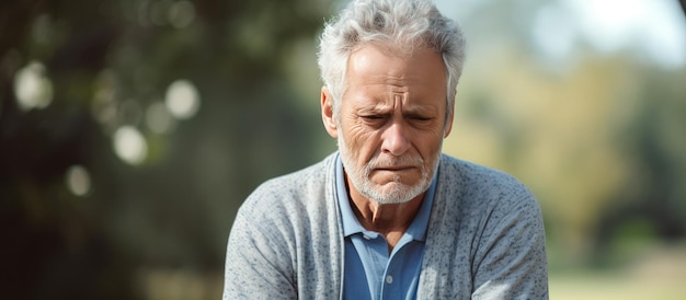 Trauriger älterer Mann im Park mit Platz für Kopien. Das Porträt zeigt Stress, Rentenkrise und Gesundheitsprobleme