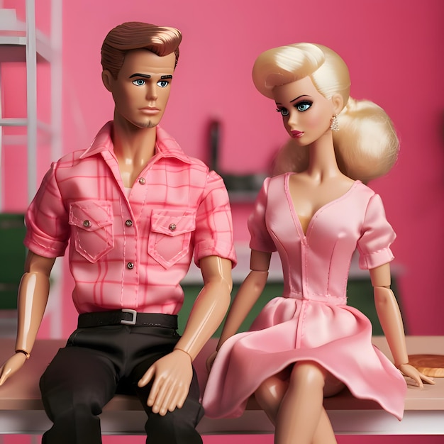 Foto trauriger ken und barbie sitzen auf einer bank mit rosa kleidung und rosa hintergrund