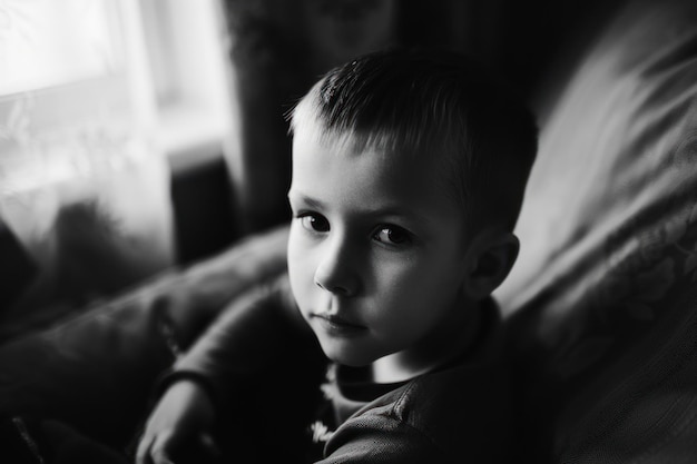 Trauriger kleiner Junge zu Hause Kindesmissbrauch Konzept Kinderschutztag