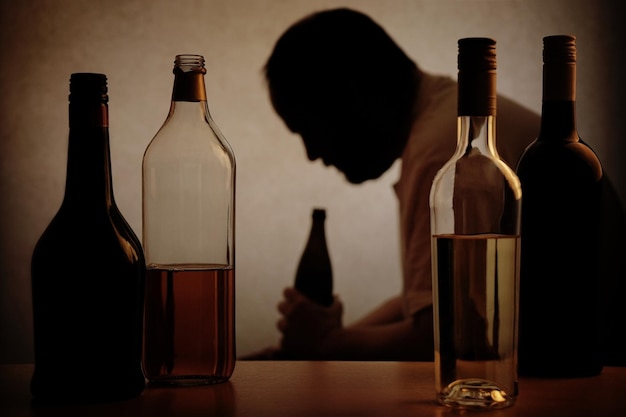 Foto trauriger mann mit einer alkoholflasche am tisch zu hause