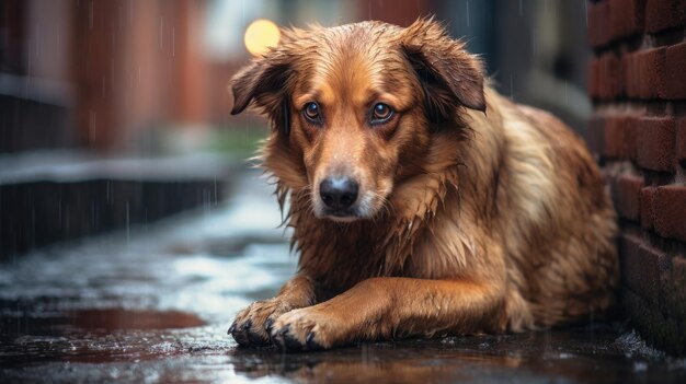 Trauriger obdachloser nasser Hund, der während des Regens auf der Straße sitzt, Foto in hoher Qualität