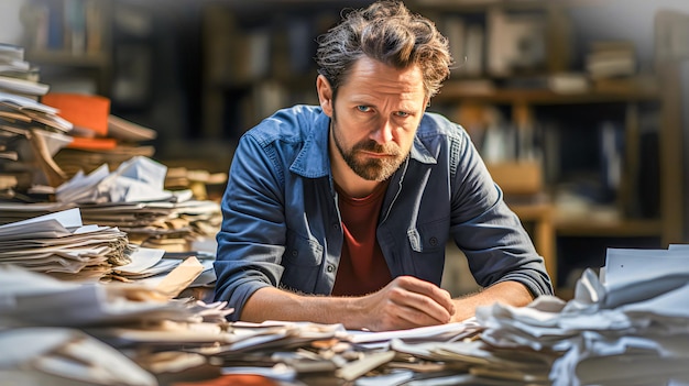 Foto trauriger und gestresster angestellter in seinem büro mit einem haufen dokumente und arbeitspapiere konzept der arbeitsdepression arbeitsstress und überarbeitung